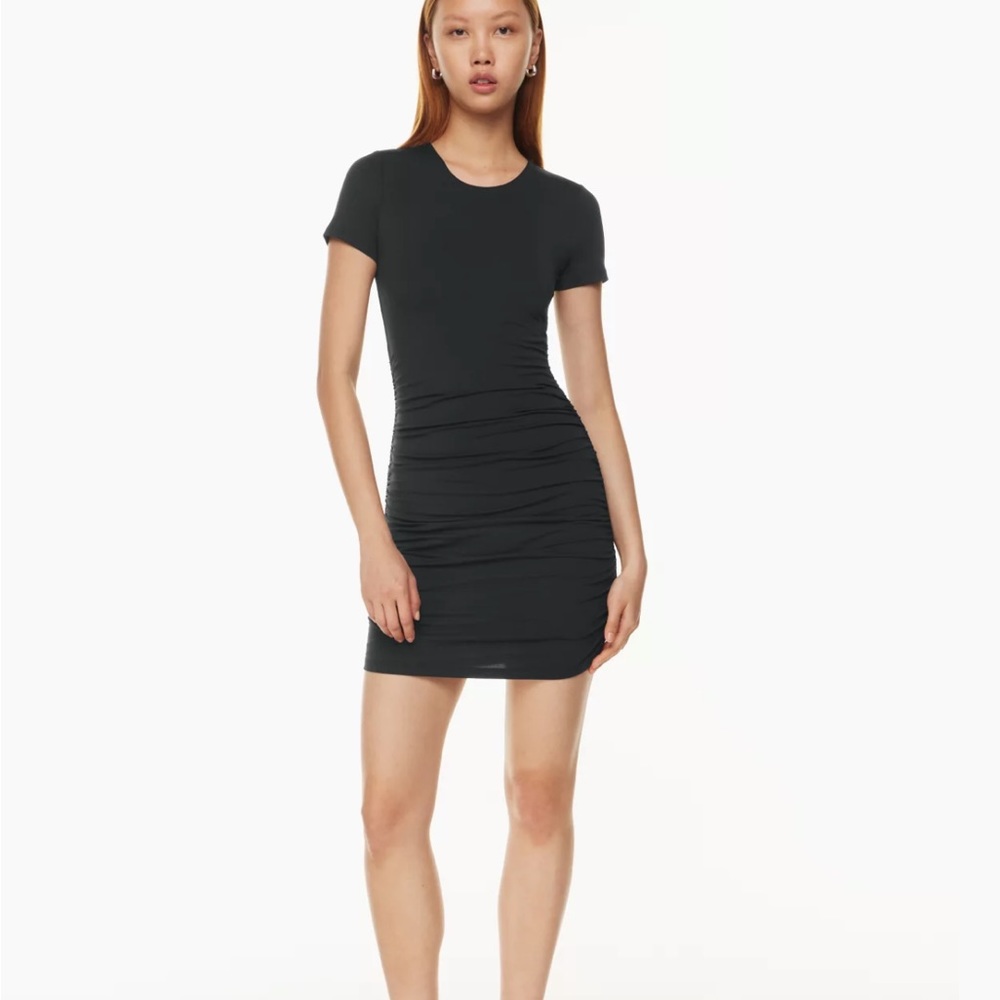 Aritzia Babaton ruched mini dress, black, S